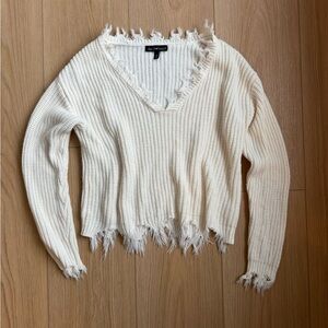 Distressed Cream V-Neck Sweater